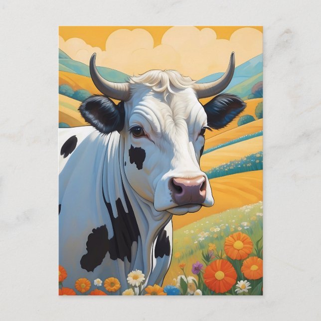 Whimsical Cow Colourful Vibrant Hills Postcard (Front)