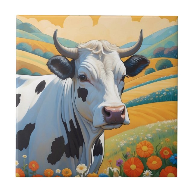 Whimsical Cow Colourful Vibrant Hills Tile (Front)