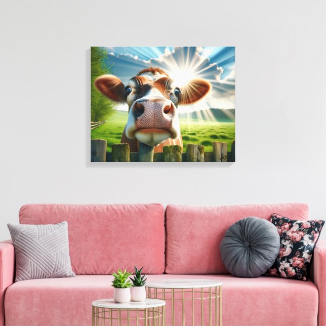 Whimsical Cow Peering Over Fence Canvas Print (Insitu(LivingRoom))