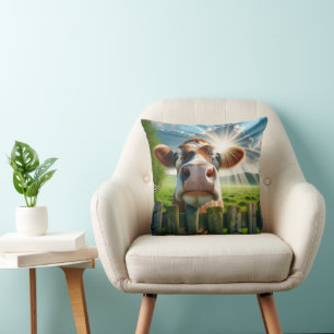 Whimsical Cow Peering Over Fence Cushion