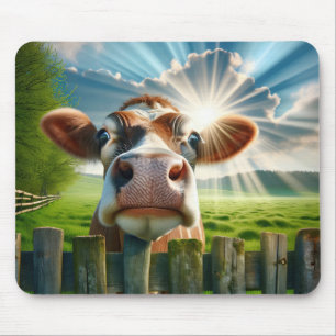 Whimsical Cow Peering Over Fence Mouse Mat