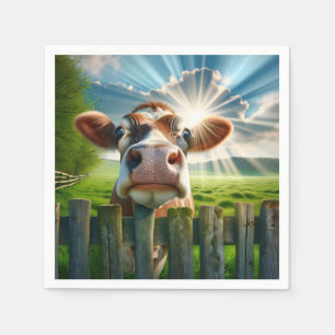 Whimsical Cow Peering Over Fence Napkin
