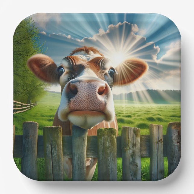 Whimsical Cow Peering Over Fence Paper Plate (Front)