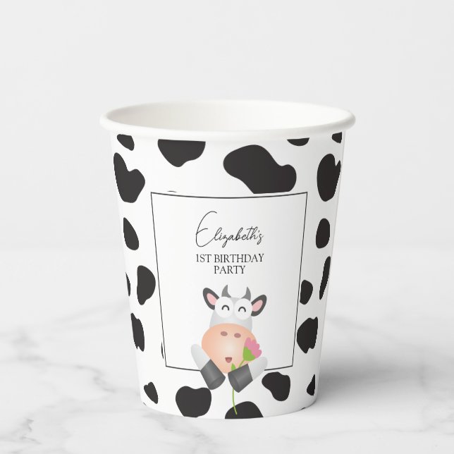 Whimsical Cow Print Holy Cow First Birthday Party Paper Cups (Back)
