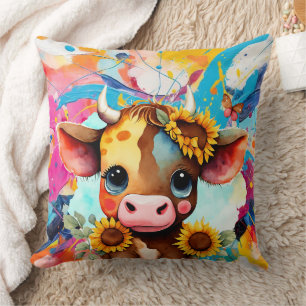 Whimsical Cow with Butterflies, Floral Cushion