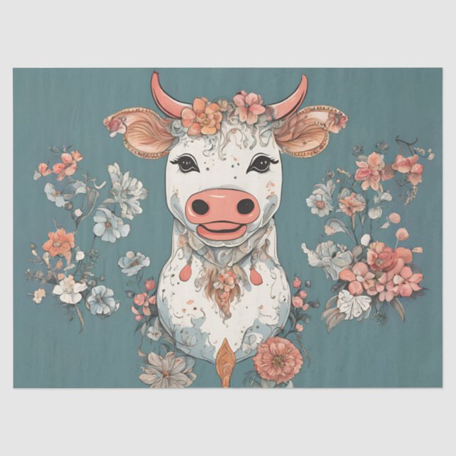 Whimsical Cow with Flowers Tissue Paper (Front)