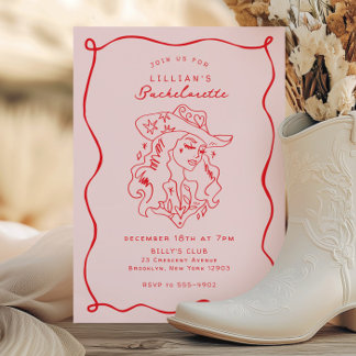 Whimsical Cowgirl Pink Red Bachelorette Party Invitation