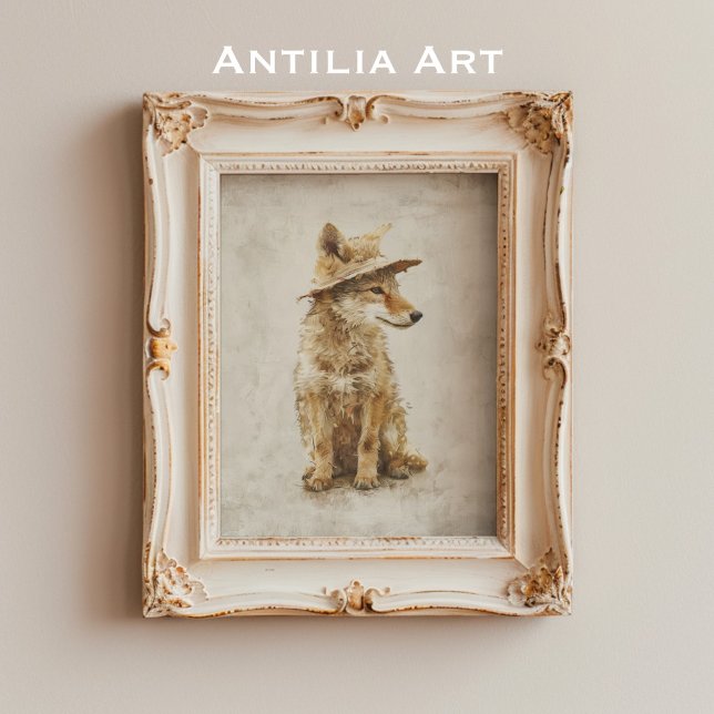 Whimsical Coyote in Hat Rustic Animal Poster (Creator Uploaded)