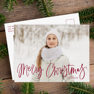 Whimsical Cranberry Script Merry Christmas 2 Photo Holiday Postcard