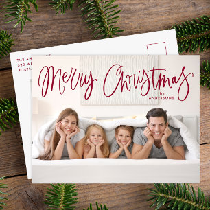 Whimsical Cranberry Script Merry Christmas 2 Photo Holiday Postcard