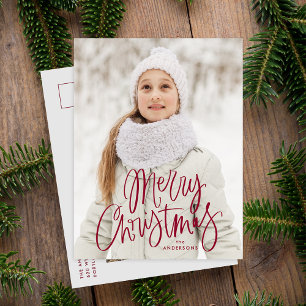 Whimsical Cranberry Script Merry Christmas 2 Photo Holiday Postcard