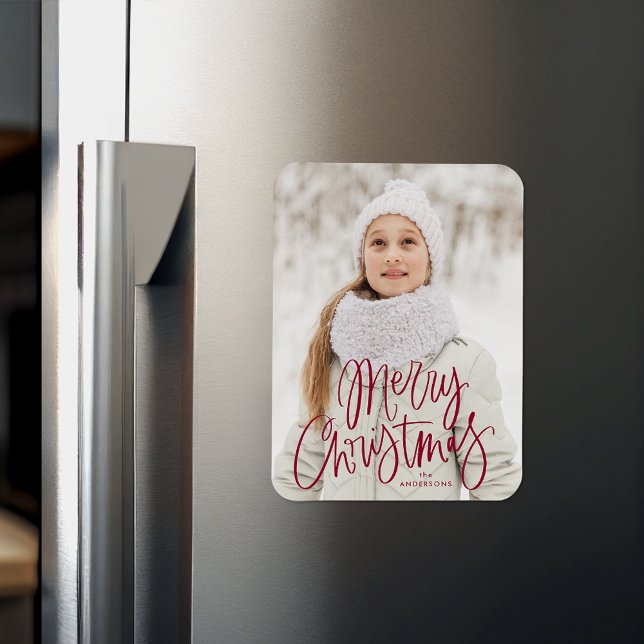 Whimsical Cranberry Script Merry Christmas Photo Magnet (Creator Uploaded)
