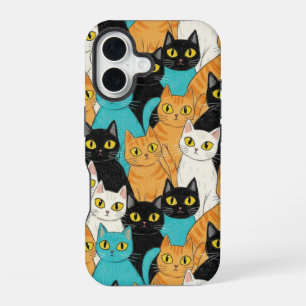 Whimsical Crayon Cat Crowd iPhone 16 Case