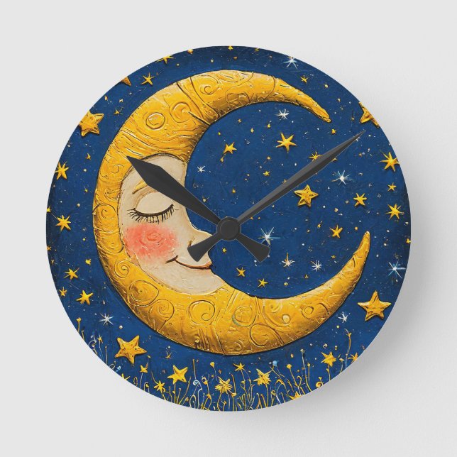 Whimsical crescent moon round clock (Front)