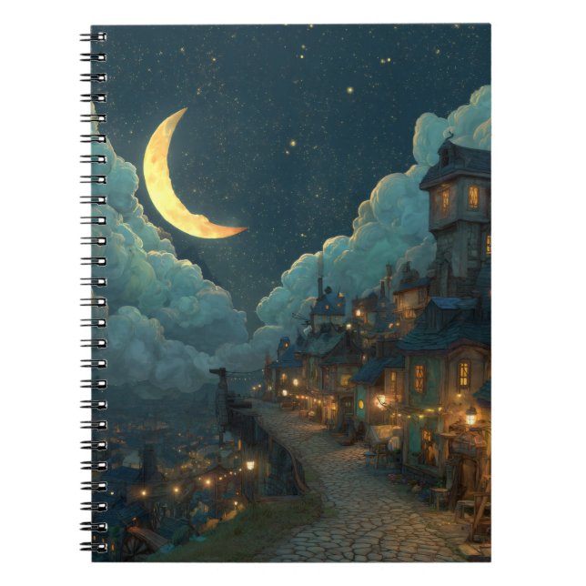 Whimsical Crescent Moon Village Notebook (Front)