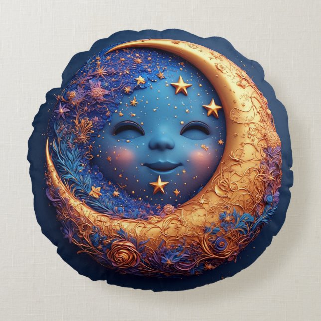 Whimsical Crescent Moon with a Smiling Face Round Cushion (Front)