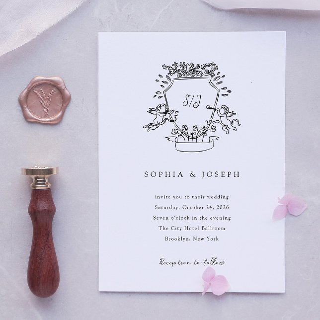 Whimsical Crest | Monogram Black and White Wedding Invitation (Creator Uploaded)