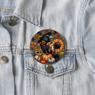 Whimsical Crow with Pumpkins and Sunflowers 7.5 Cm Round Badge