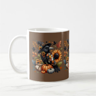 Whimsical Crow with Pumpkins and Sunflowers Coffee Mug