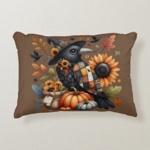 Whimsical Crow with Pumpkins and Sunflowers Decorative Cushion