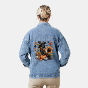 Whimsical Crow with Pumpkins and Sunflowers Denim Jacket