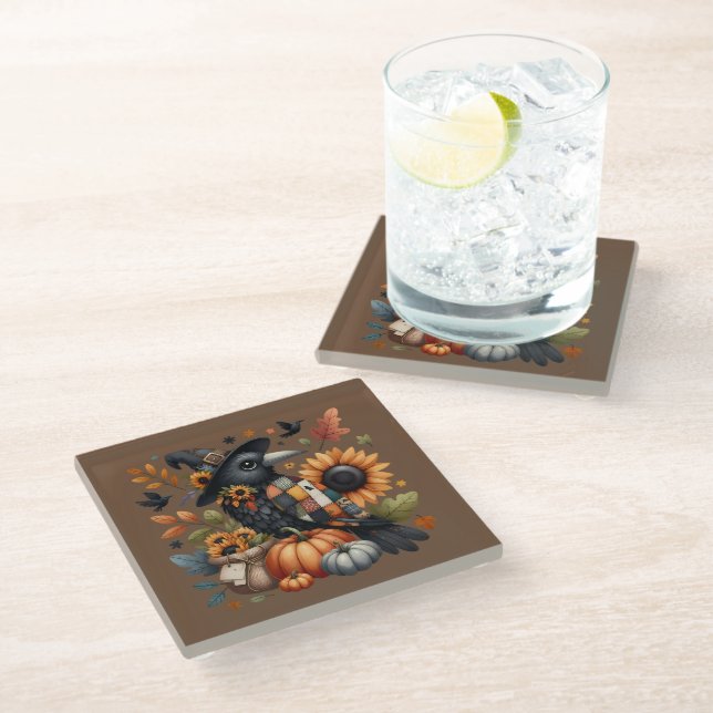 Whimsical Crow with Pumpkins and Sunflowers Glass Coaster (Angled)