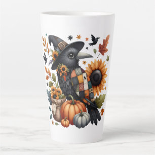 Whimsical Crow with Pumpkins and Sunflowers Latte Mug