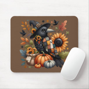 Whimsical Crow with Pumpkins and Sunflowers Mouse Mat