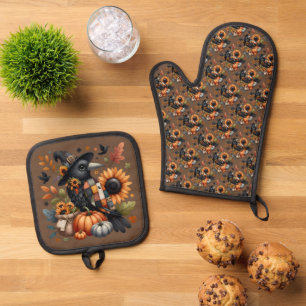 Whimsical Crow with Pumpkins and Sunflowers Oven Mitt & Pot Holder Set