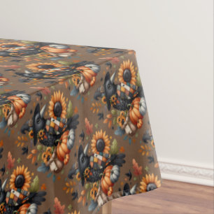 Whimsical Crow with Pumpkins and Sunflowers Tablecloth