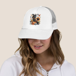 Whimsical Crow with Pumpkins and Sunflowers Trucker Hat