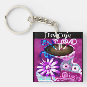 Whimsical Cup of Coffee Abstract Painting Purple Key Ring