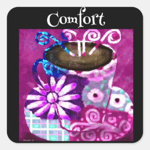 Whimsical Cup of Coffee Abstract Painting Purple Square Sticker