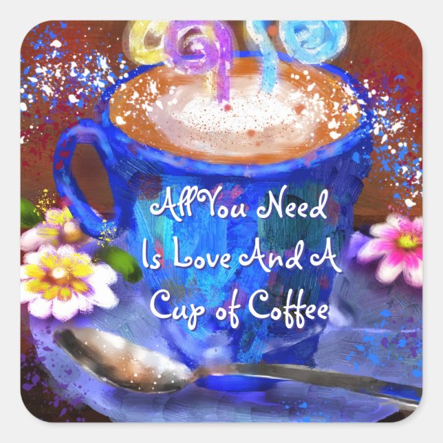 Whimsical Cup of Coffee Floral Personalised Square Sticker (Front)