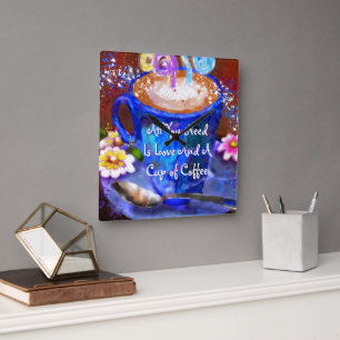 Whimsical Cup of Coffee Floral Personalised Square Wall Clock
