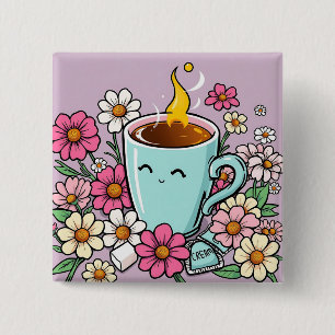Whimsical Cup of Warm Coffee and Flowers 15 Cm Square Badge