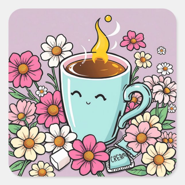 Whimsical Cup of Warm Coffee and Flowers Square Sticker (Front)