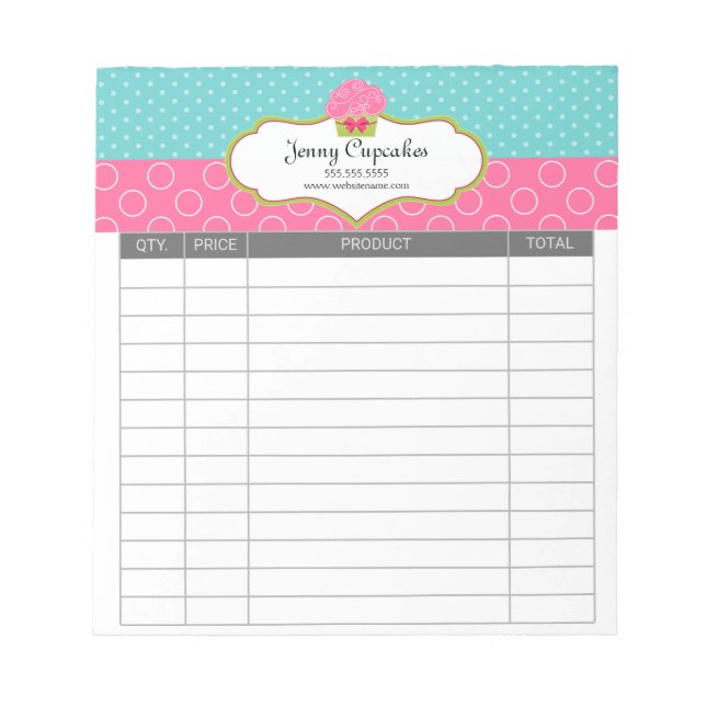 Whimsical Cupcake Bakery Receipts Notepad (Front)