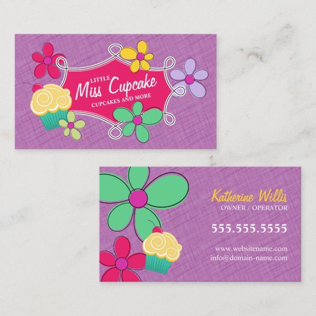 Whimsical Cupcake Floral and Doodle Frame Business Card (Front/Back)