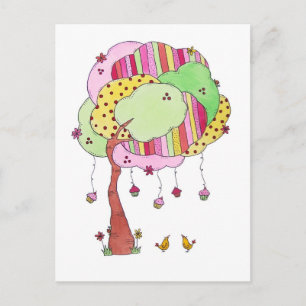 Whimsical Cupcake Tree with Sweet Birds Watercolor Postcard