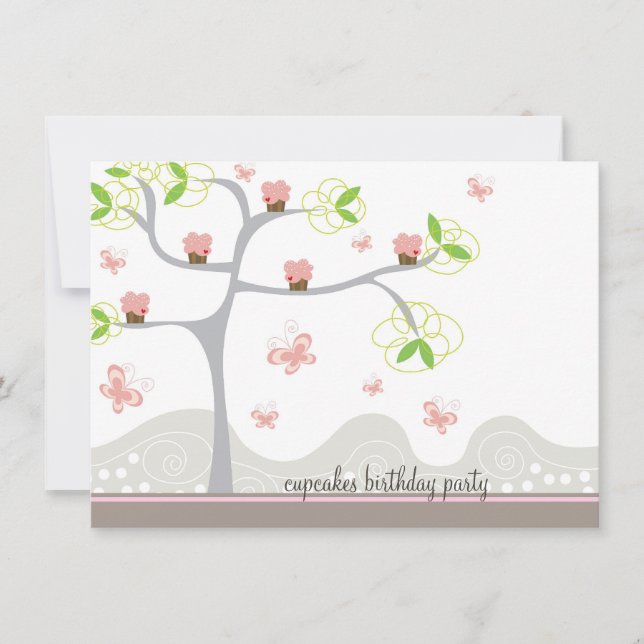 Whimsical Cupcakes Tree Butterflies Sweet Birthday Invitation (Front)
