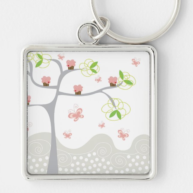 Whimsical Cupcakes Tree Butterflies Sweet Birthday Key Ring (Front)
