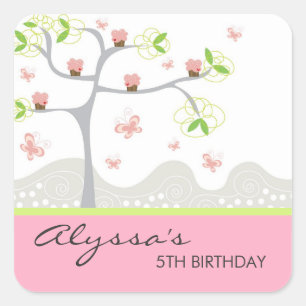 Whimsical Cupcakes Tree Butterflies Sweet Birthday Square Sticker