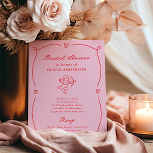 Whimsical Cupid   Blush Pink and Red Bridal Shower Invitation