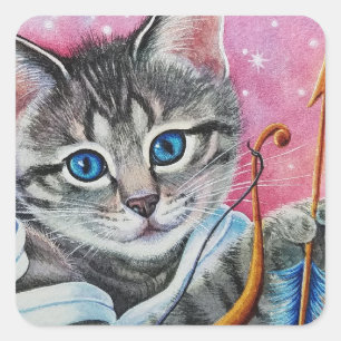 Whimsical Cupid Tabby Kitty Cat Watercolor Art Square Sticker