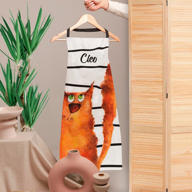 Whimsical Curious Cat on Stripes Pattern Apron (Creator Uploaded)