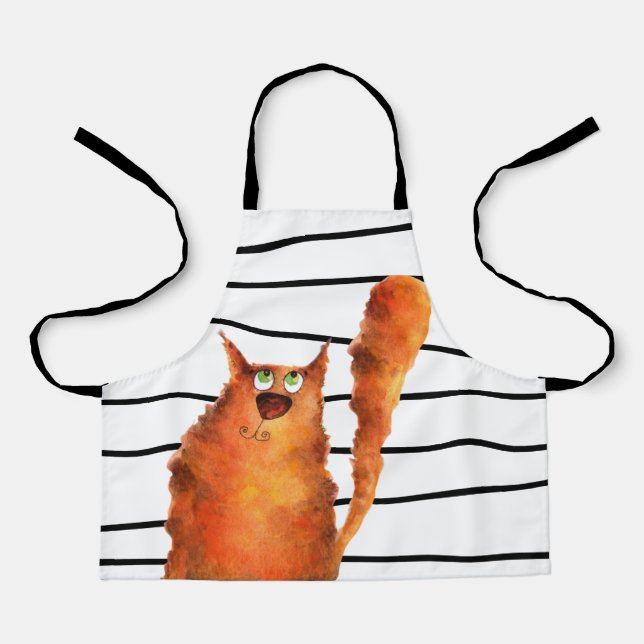 Whimsical Curious Cat on Stripes Pattern Apron (Front)