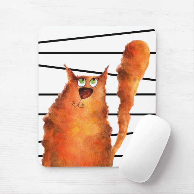 Whimsical Curious Cat on Stripes Pattern Mouse Mat (With Mouse)