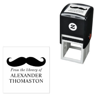 Whimsical Curly Moustache Silhouette Library Book Self-inking Stamp