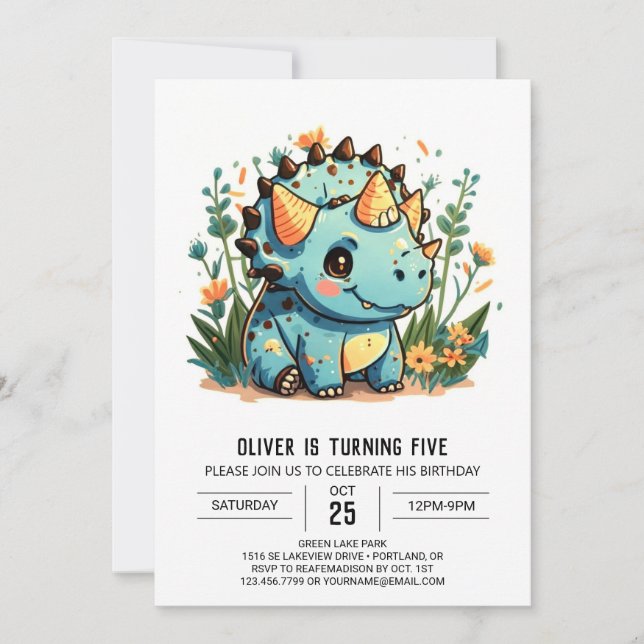 Whimsical Custom Dinosaur Boy Birthday Invitation (Front)